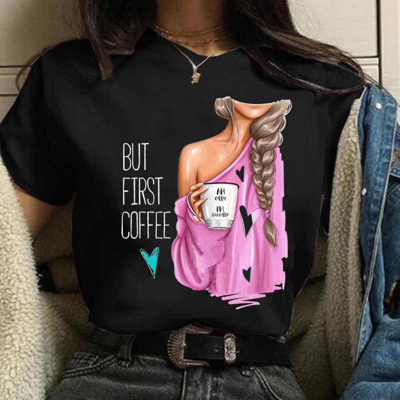 Summer Fashion Coffee Girl Urban Base Shirt Round Neck Pure Cotton Short Sleeved Women's T-Shirts Women’s
