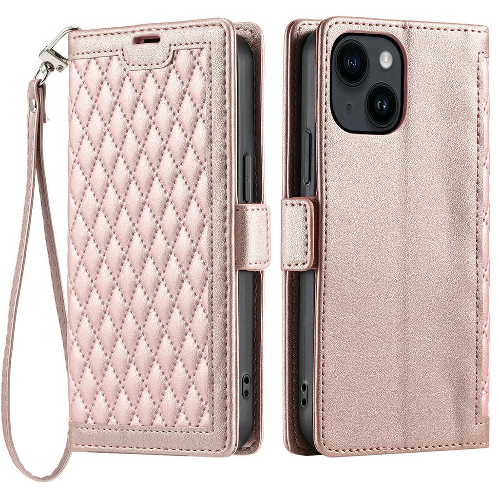 For iPhone 15 Leather Case Rhombus Texture Wallet Stand Phone Cover with Wrist Strap