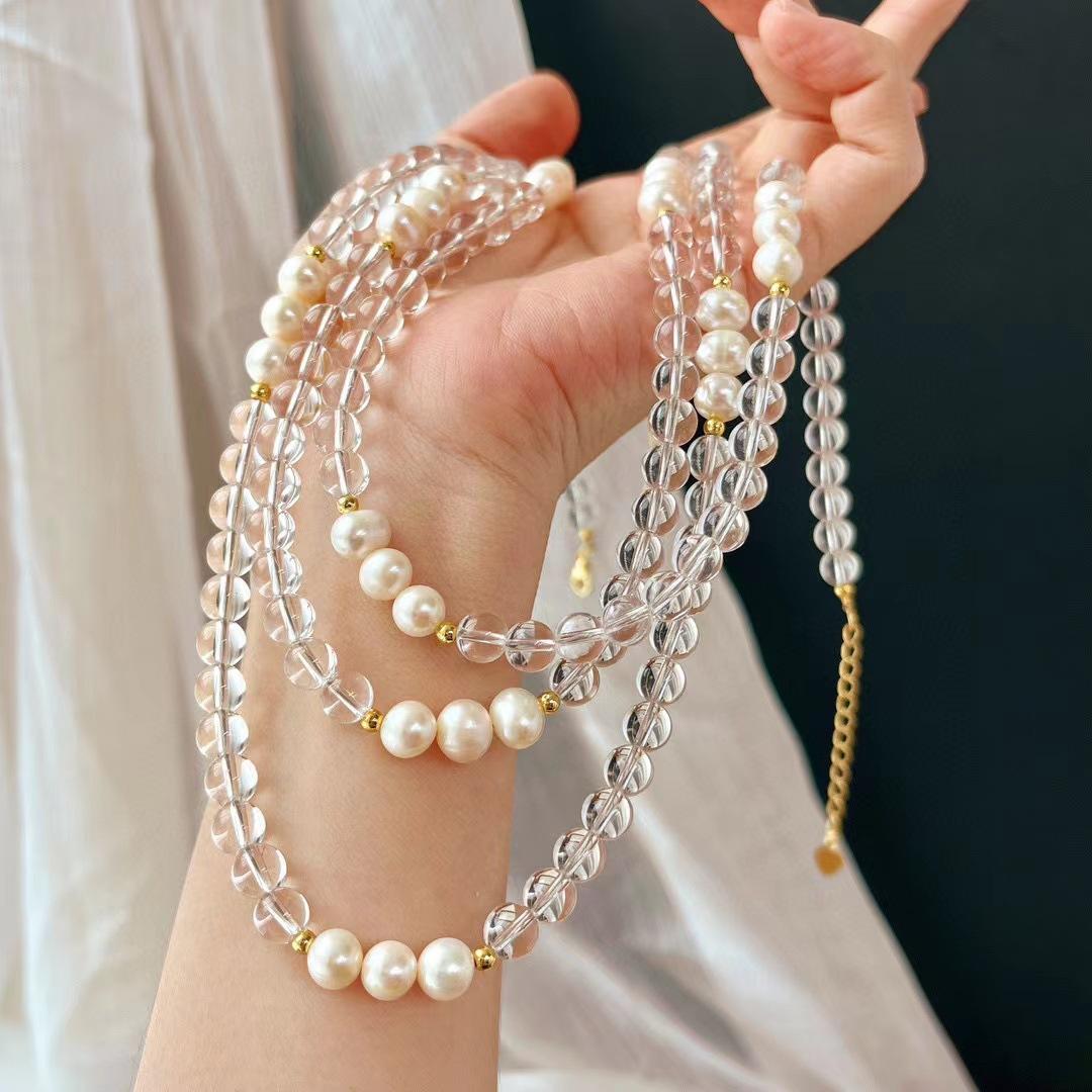 

Vintage High Quality Natural White Crystal Natural Freshwater Pearl Collarbone Chain Beaded Necklace Niche