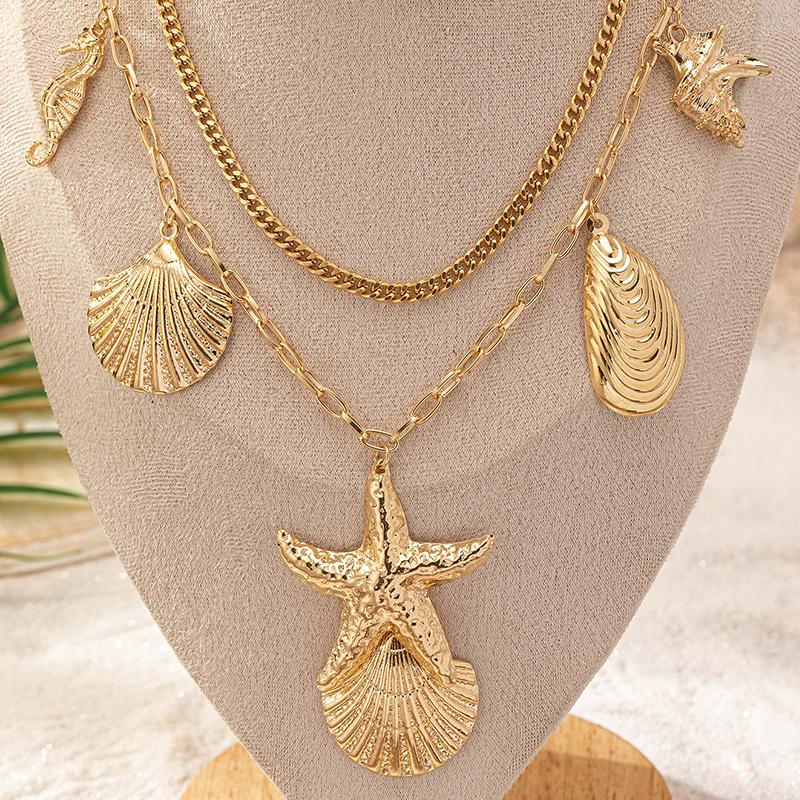Exaggerated Hippocampus Starfish Shell Pendant Choker Necklace For Women Girls Vacation  Necklace Jewelry Accessories