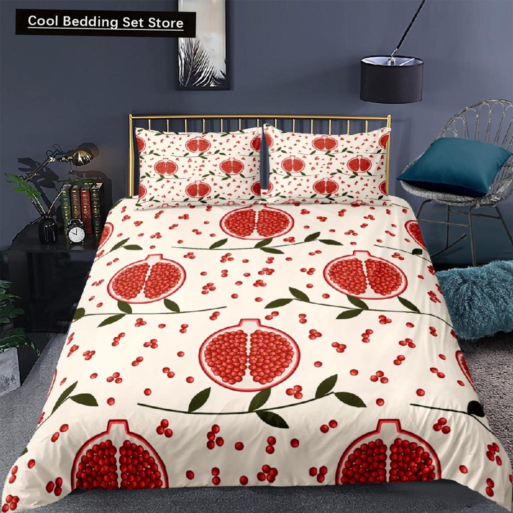 Red Pomegranate King Queen Duvet Cover Summer Tropical Fruit Bedding Set for Adults Green Leaves 2/3pcs Polyester Quilt Cover