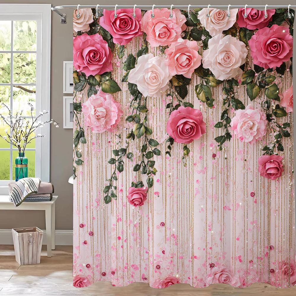 Pink Flower Shower Curtain For Women Bridal Wedding, Pink Flowers Romantic Suitable For Girls Hanging Curtain With Hooks