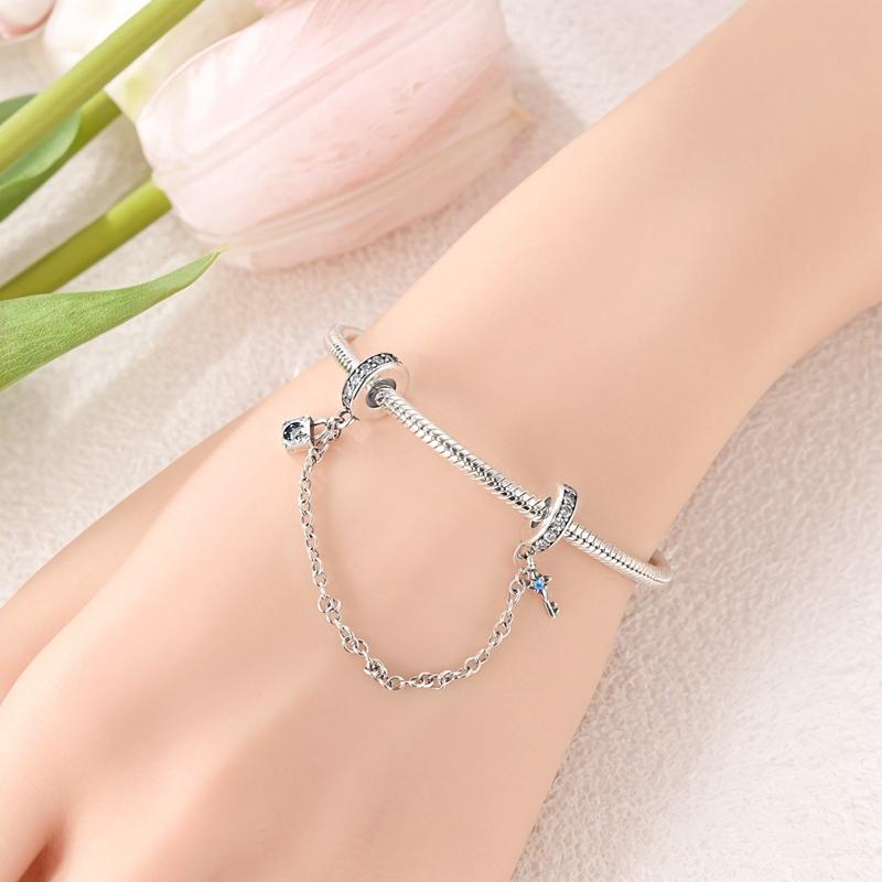 925 Silver Heart Infinity Triple Clear Jewel Safety Chain Charm Bracelet Fine Jewelry Gift for Her
