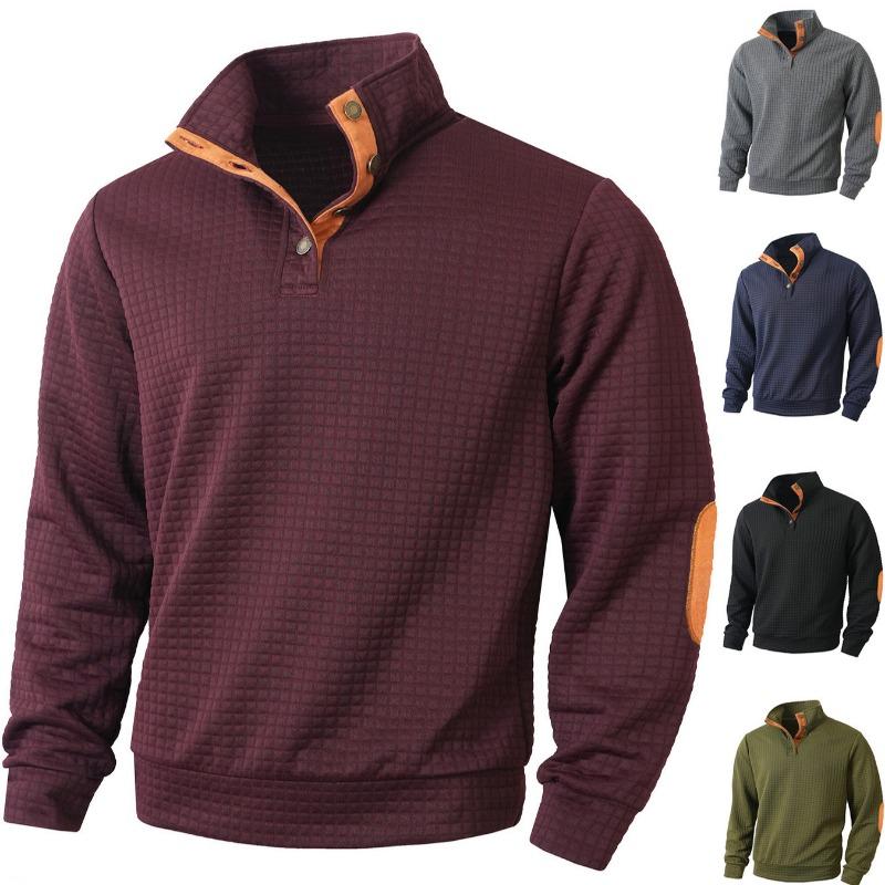 Mens Stand Collar Buttoned Waffle Grid Long Sleeve Casual Sweatshirt