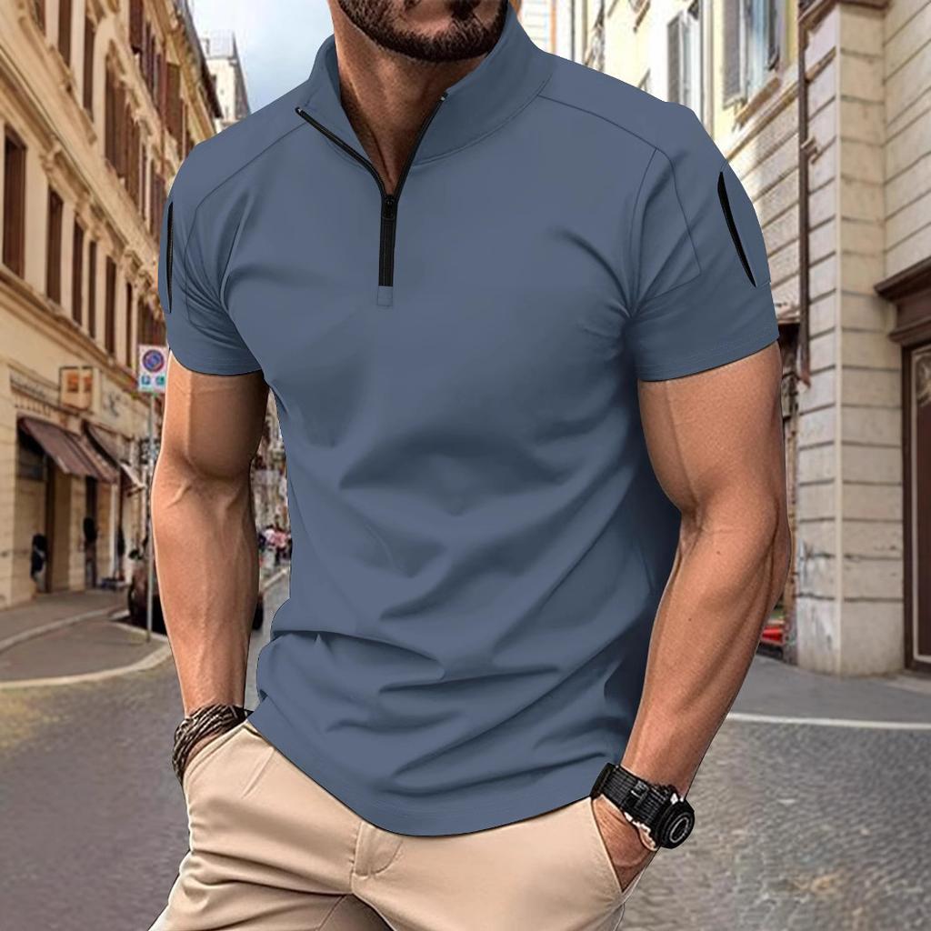 Men's T-shirt: Summer Casual Tactical Training Style with Patch Pockets on the Sleeves, Stand-up Collar, Plain Colour, Short-sleeved Polo Shirt