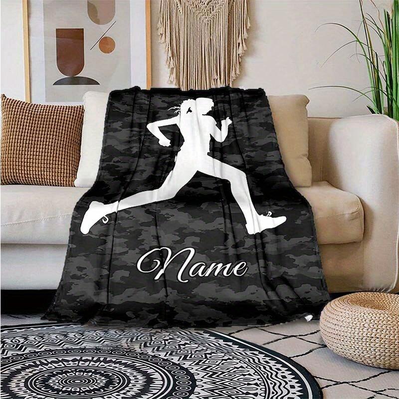Custom Running Silhouette Blanket Camo Background Personalized Name Fleece Throw All Season Soft Warm Bedding Gift for Runners