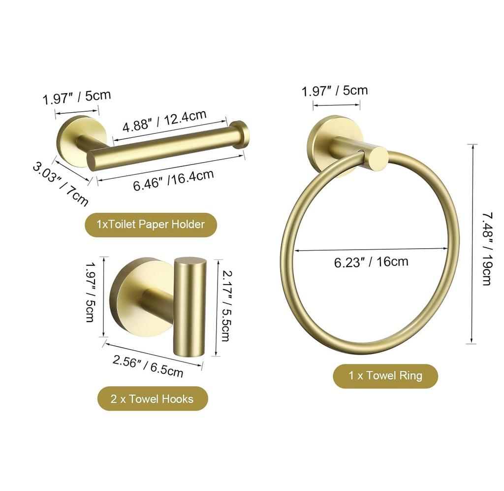 Stainless Steel Bathroom Hardware Fittings Set of Four Gold 24-inch Wall-mounted