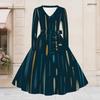 Women Plus Size V Neck Long Sleeve Dark Blue Printed A Line Midi Dress With Belt