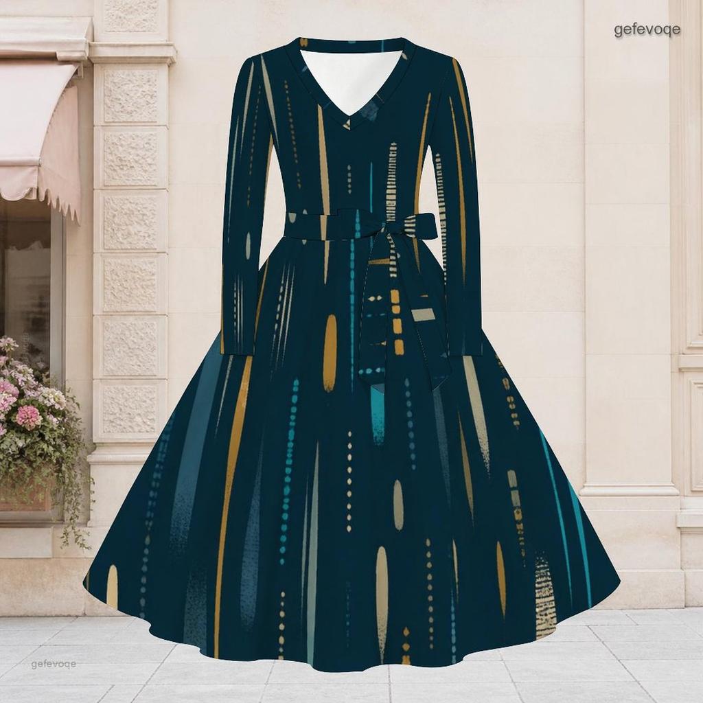 Women Plus Size V Neck Long Sleeve Dark Blue Printed A Line Midi Dress With Belt