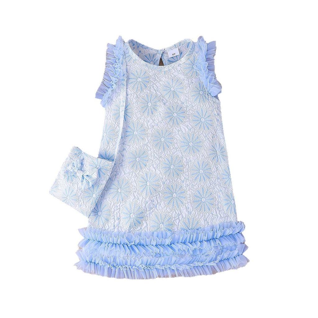 Children's Princess Dress Summer Girls Mesh Sleeve Cake Dress + Crossbody Bag