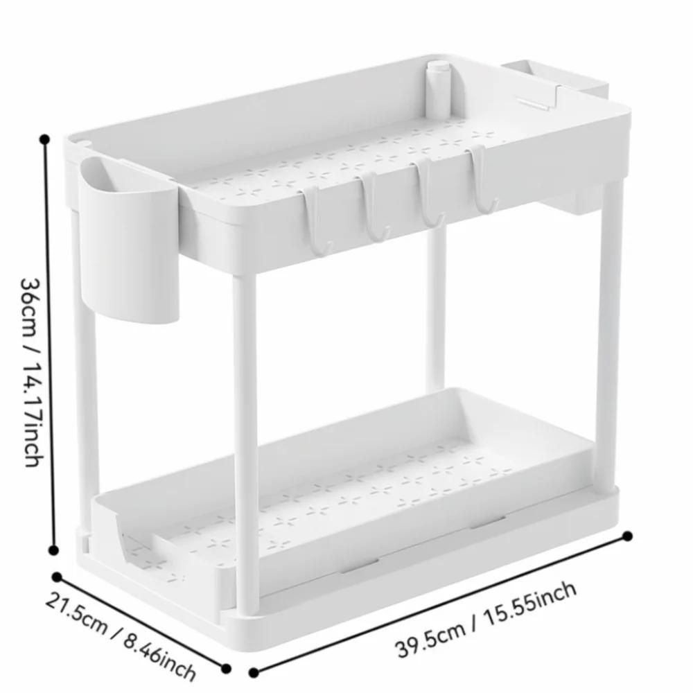 2 Tier Kitchen Sink Organizer Multi-function With Hooks Sliding Cabinet Basket Space-Saving Sliding Inner Basket белый