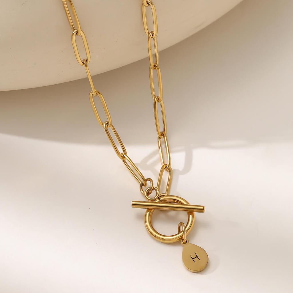 26-Letter Round Pendant Necklace for Women - Stainless Steel Paperclip Chain