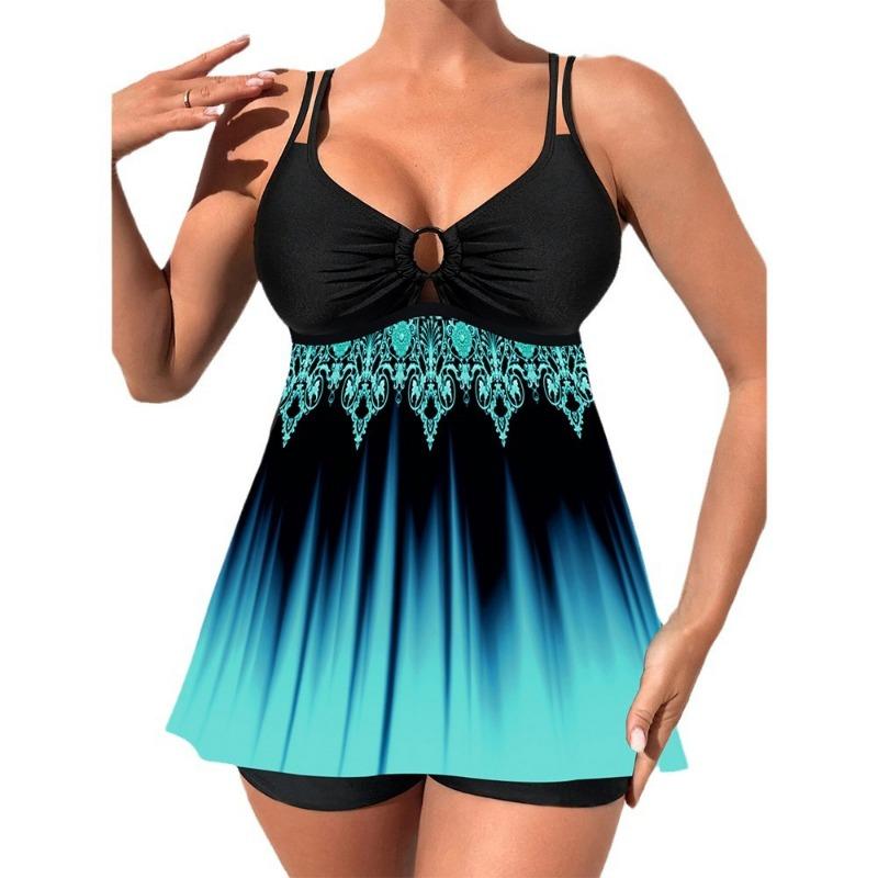 Women's Gradient Print Tankini Swimsuit with Shorts - Modest Tummy Control Swim Dress with Double Straps