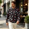 Men's Knit Long Sleeve Pullover Top with Collar and Pocket, Casual Outdoor Christmas Print for Fall