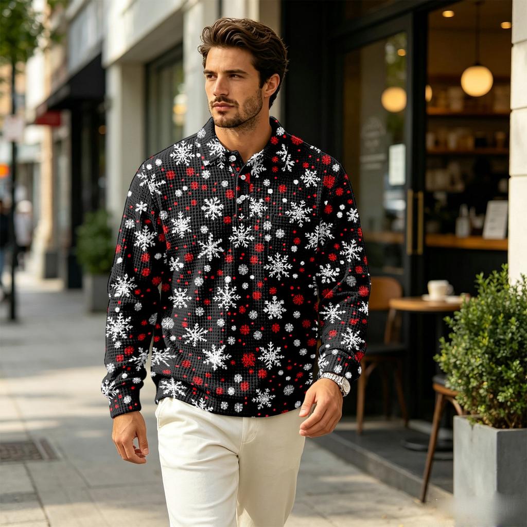 Men's Knit Long Sleeve Pullover Top with Collar and Pocket, Casual Outdoor Christmas Print for Fall