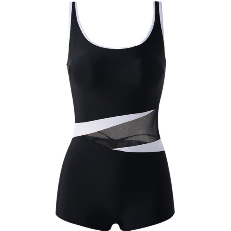 Einteiliger Boxer Sport Badeanzug Damen Schlank Schlankmachend Weiß Kontrastfarbe Offener Rücken Große Größe