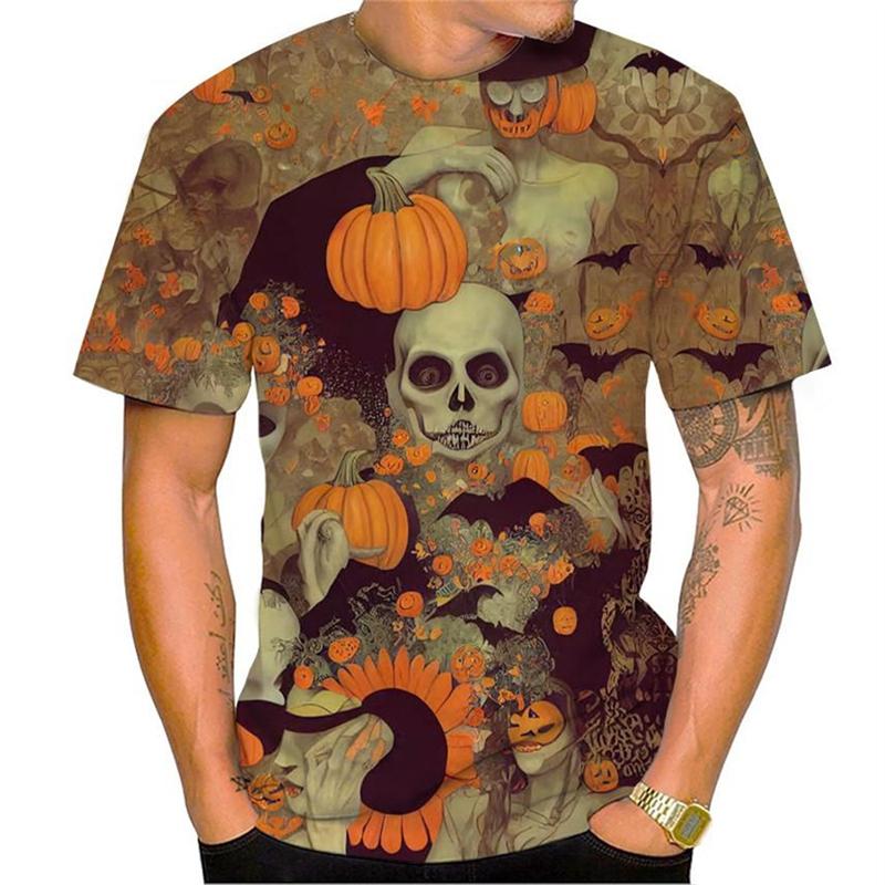 Trendy Skull Pumpkin Pattern Halloween T Shirts For Men Fashion Holiday Wear 3D Printed Crew Neck T-shirts Casual Loose Tees