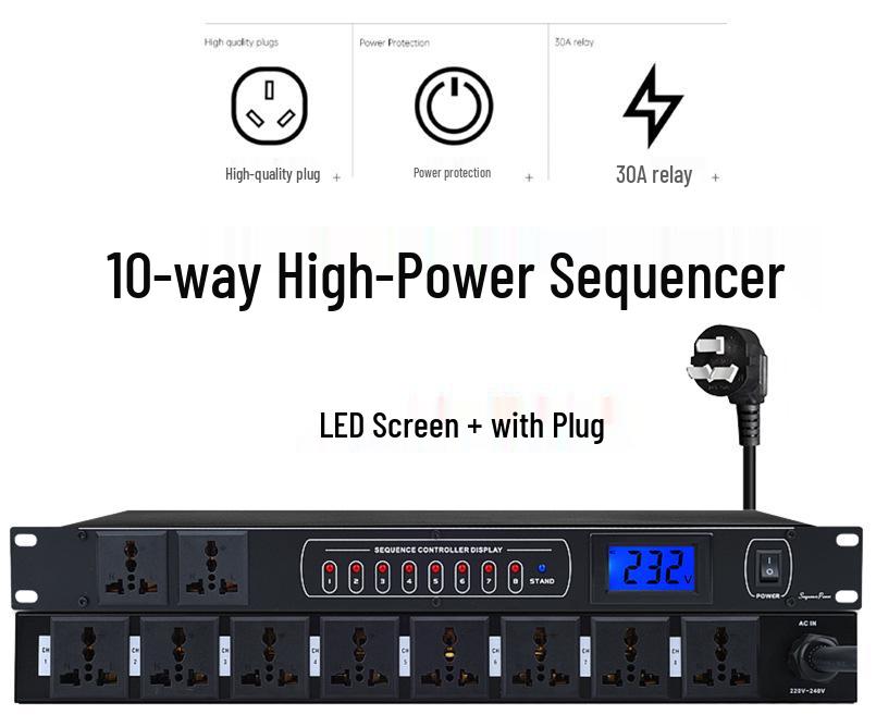 Universal Sequencer Power Controller with 8, 9, 10, 16-Socket Protection for Stage, Conference, and KTV.