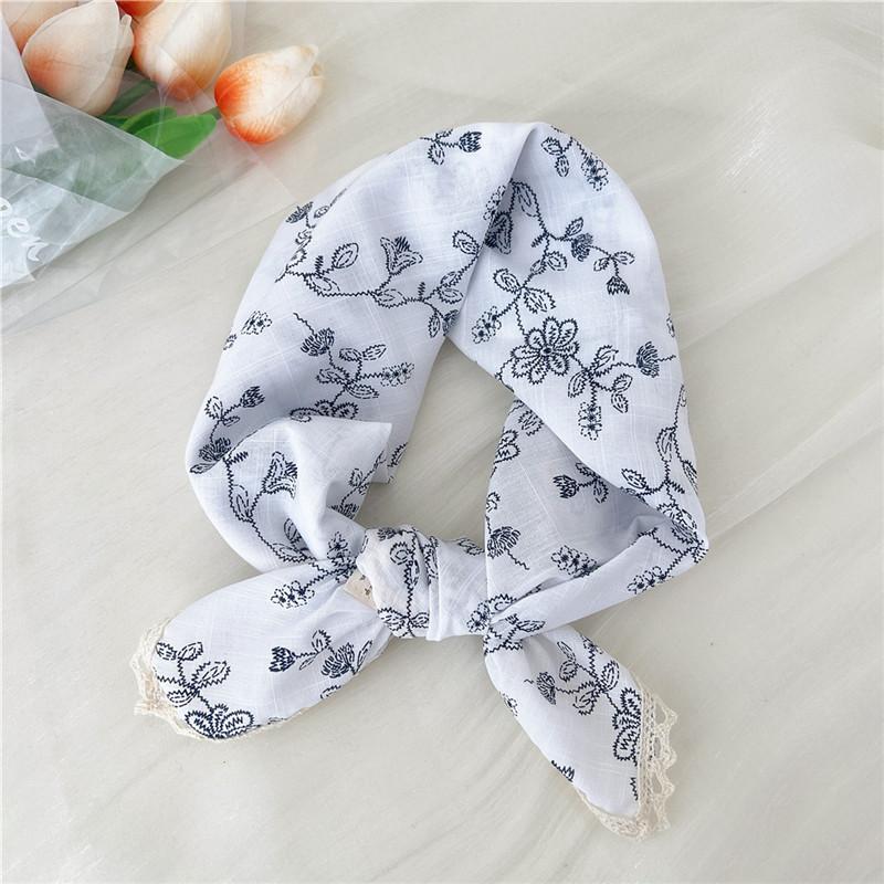 Cotton Linen Lace Edge Square Scarves 60cm Kerchief Neckerchief Bandanas Women Casual Neck Scarf Plaid Print Geometric Pattern
