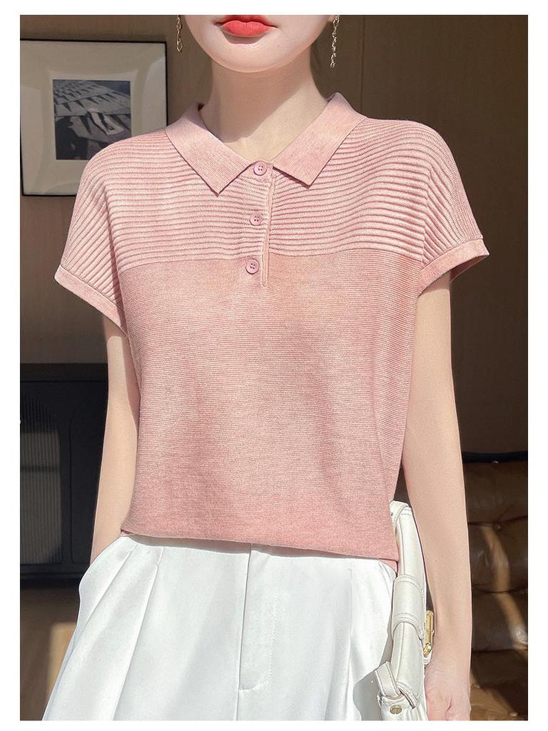 Women's Polo Collar Wool Knit Short Sleeve Casual T-Shirt for Spring/Summer