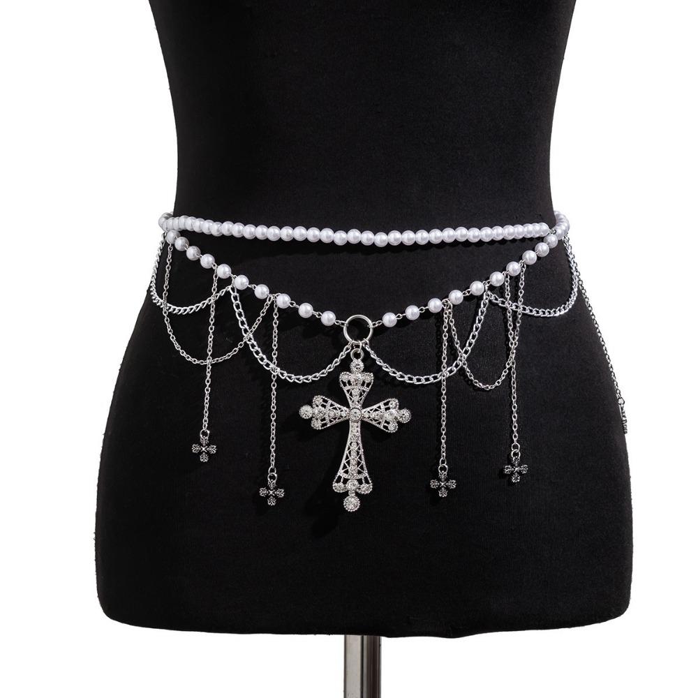 Adjustable Y2K Silver Waist Chain Zinc Zinc Alloy Crystal Tassel Waistband Cross Black Chain Belt  Cool Girls