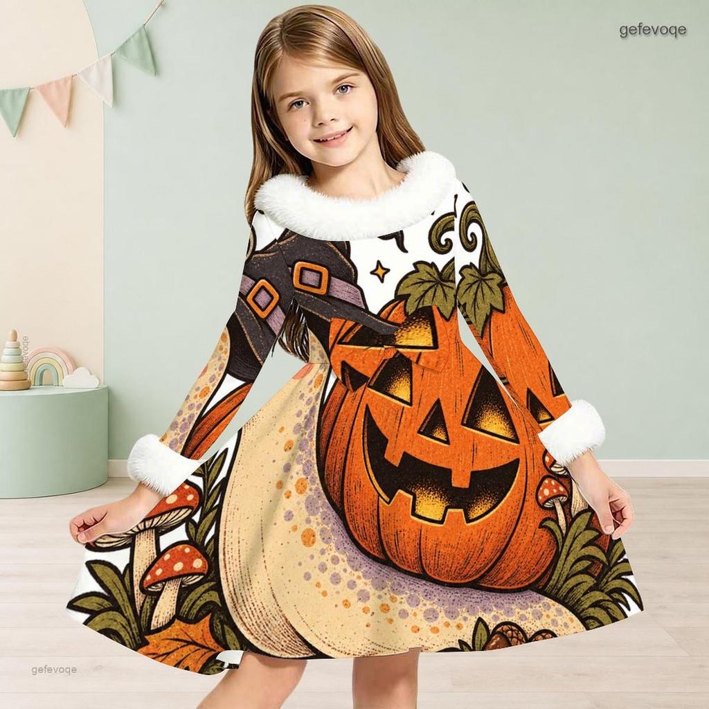 Girls High Neck Long Sleeve Halloween Black Cat Pumpkin Printed Fuzzy Trim A Line Dress