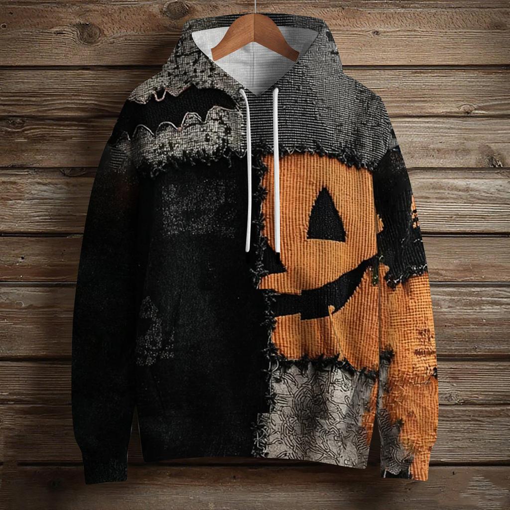 Mote langermet genser for kvinner med Halloween-trykk, hette og lomme