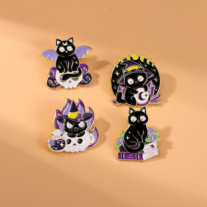 Original Enamel Alloy Brooch Cartoon Black Cat Magician Animal Lapel Pin for Backpack Clothes Decoration Cute Badge Accessory