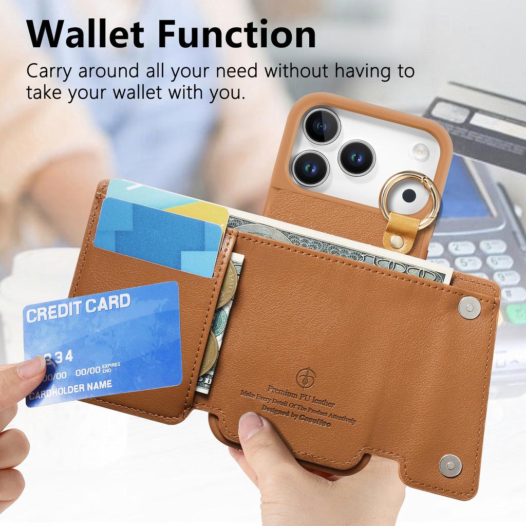Zipper Cards Solt Leather Wallet Phone Case for IPhone Air 17 Pro Max 16 Plus 15 14 13 12 11 Pro Ring Holder Protective Cover