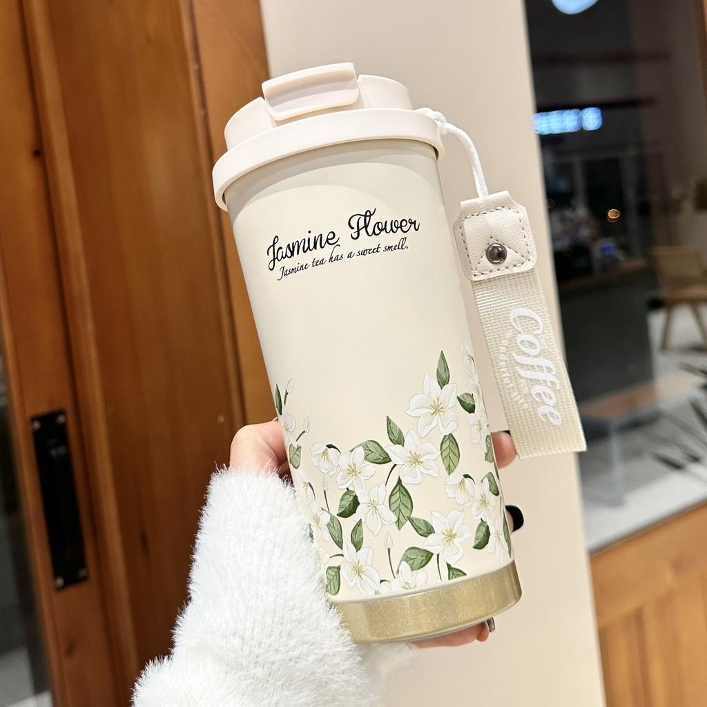 Coffee Thermos Cup Girls New Double Drinking Cup Luxury High-grade Sense with Straw Cup Accompanying Large Volume