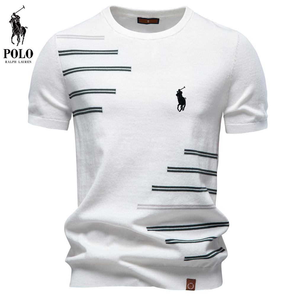 Ralph Lauren 2026 Zomer Nieuwe Stijl Geborduurd Puur Katoen Heren Korte Mouwen Wol T-shirt Casual Ronde Hals Gebreid T-shirt L wit
