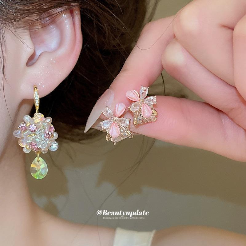 Pink Bubble~ Super Beautiful Zircon Resin Flower Ear Hook French Sweet Versatile Stud Earrings Great Looking Fairy Earrings