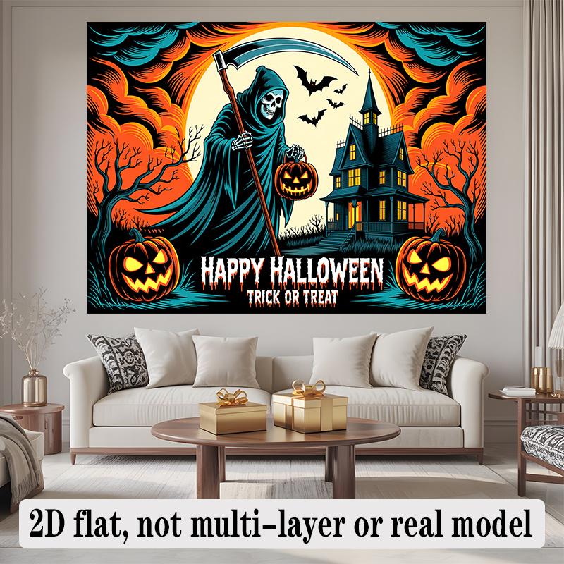 Party Backdrop Halloween Flat Banners Spooky Grim Reaper Haunted House Pumpkins Event Photo Background Front Door Decor
