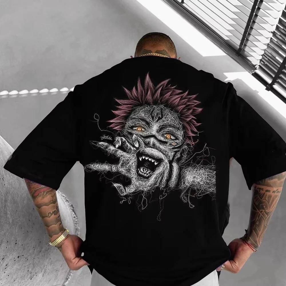 Summer The New Jujutsu Kaisen Sukuna Flat T-shirt Men's Black Animation Print Oversized Street T-shirt Y2K Aesthetic Fashion