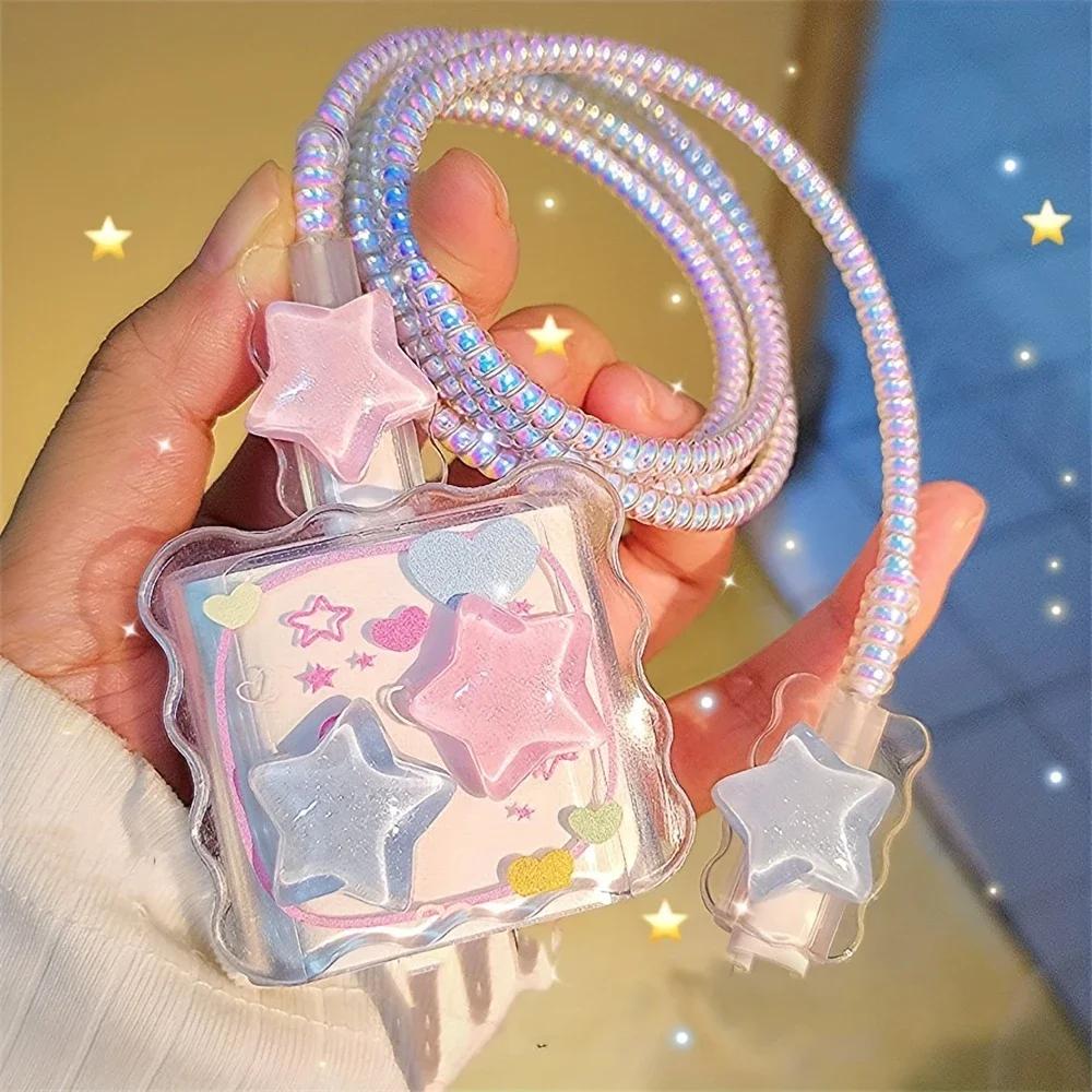 

Kawaii Cute 3D Star Love Heart Wave Border Y2K USB Protector Cover for IPhone 18/20W Data Line Head Cord Fast Charging Case