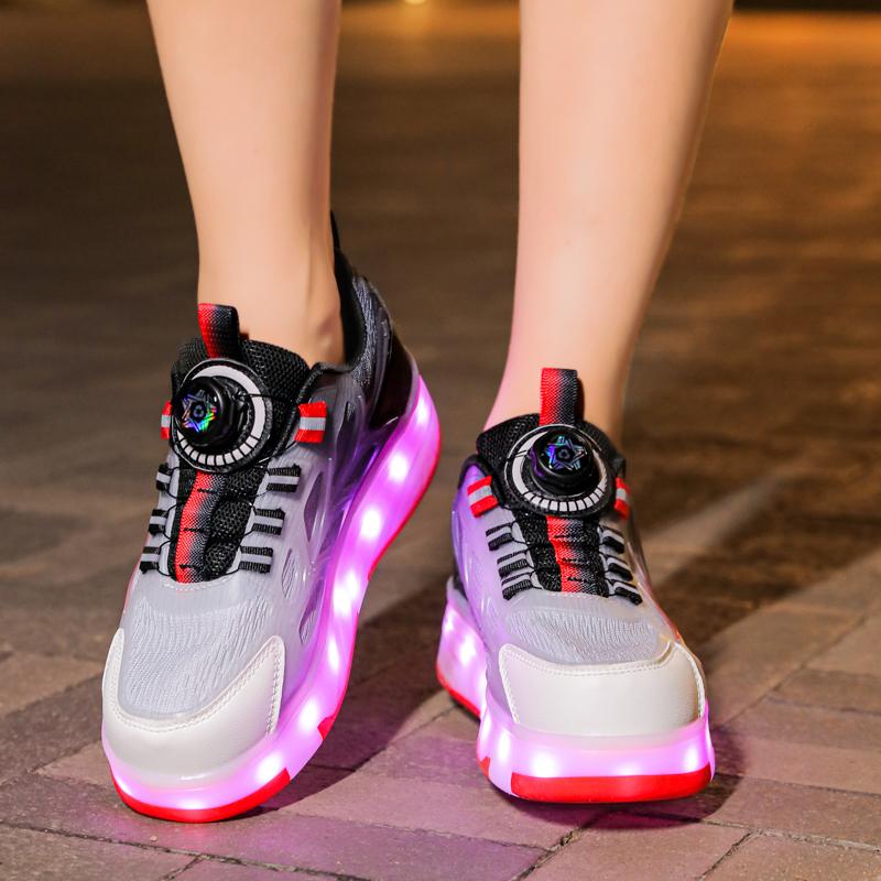 29-40 Lśniące Trampki Dziecięce Buty z Oświetleniem LED Dzieci Chłopcy Dziewczynki Ładowanie USB Świecące Kółka Buty do Parkouru Rolki