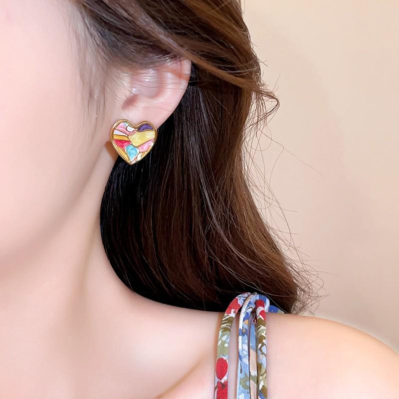 French Drip Glaze Heart Stud Earrings for Women - 2025 New Niche Design, Simple and Fresh Style