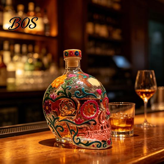 Floral Skull Design Decanter Gothic Decanter, Hand Painted Glass Liquor Bottle with Stained Design, 3D Carved Wine Dispenser for Home Bar, Halloween