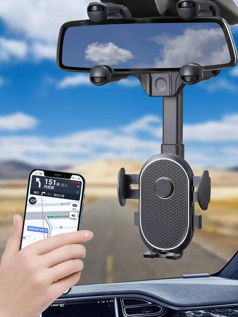 Universal Rearview Mirror Car Phone Holder – 360° Rotating Mount, Non-Blocking View, One-Hand Operation, Adjustable Size