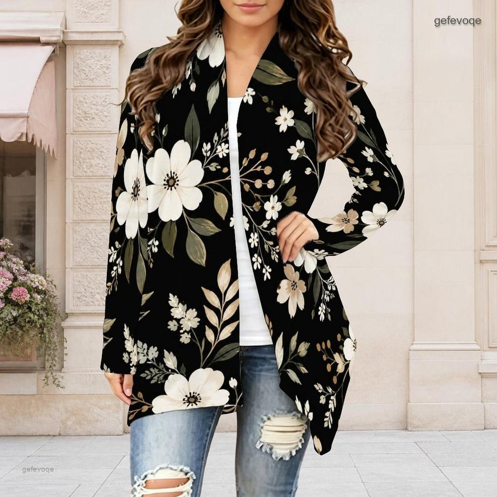 Women Plus Size Floral Printed Long Sleeve Open Front Draped Collar Curved Hem Cardigan