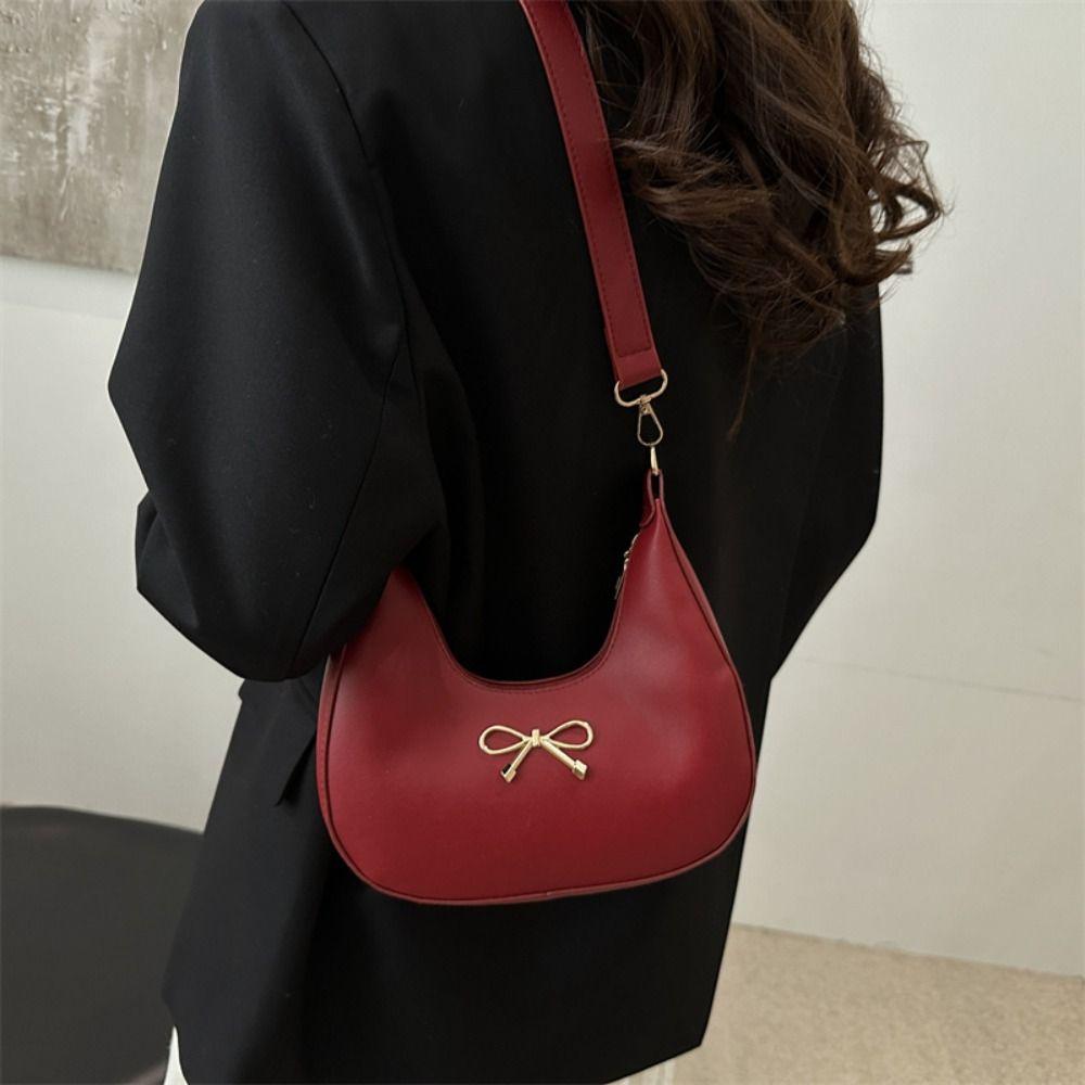 Portable Korean Style Bow Shoulder Bag PU Leather Handbag Crescent Bag Large Capacity Pure Color Crossbody Bag Women