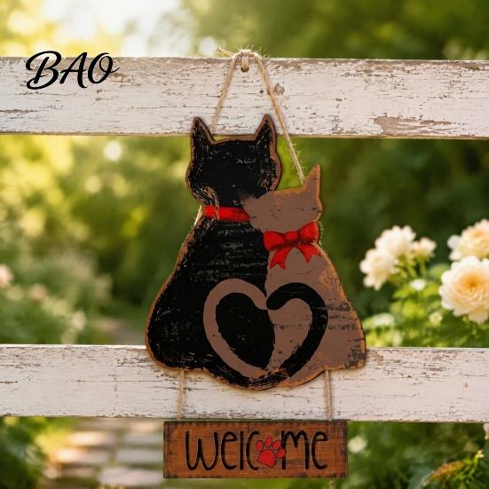 Hanging Wall Decor for Garden Wooden Welcome Sign Front Door, Romantic Cat Couple Door Pendant, Rustic Farmhouse Outdoor Porch Entryway Decoration