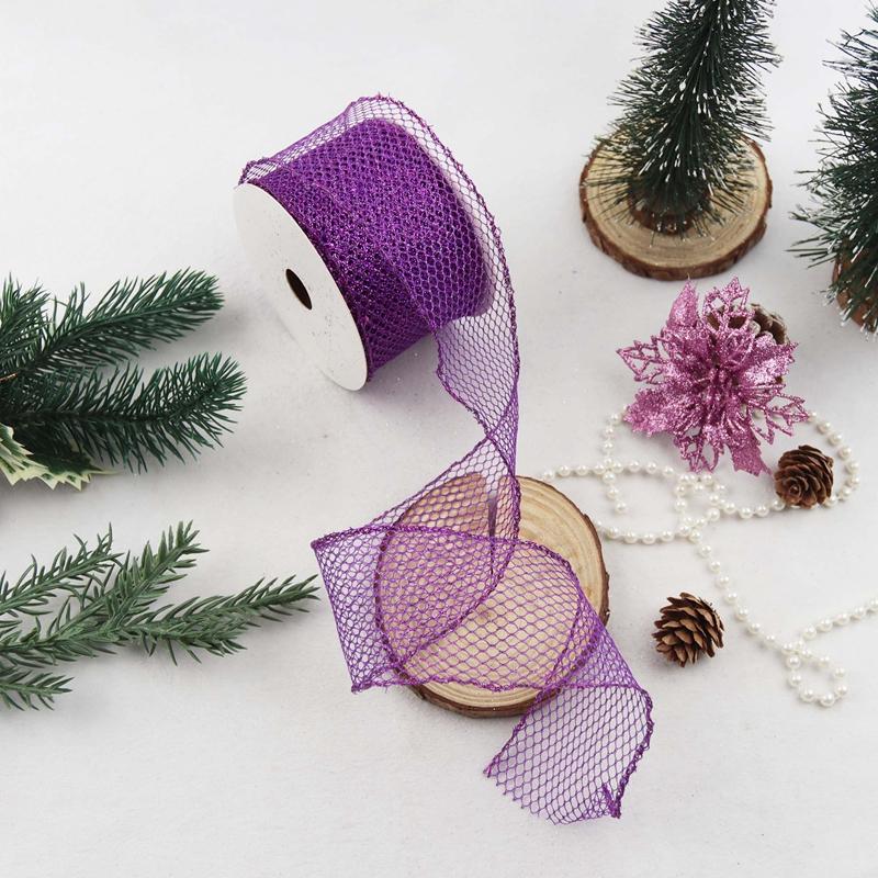 Stock Floral Polyester Mesh Ribbon in Pink Purple Blue Silver with Glitter for DIY Bows Gift Wrapping Christmas Tree Decorations