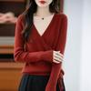 Women's Elegant V-Neck Wool Sweater: Autumn/Winter Fashion Long Sleeve Knitwear with Drawstring.