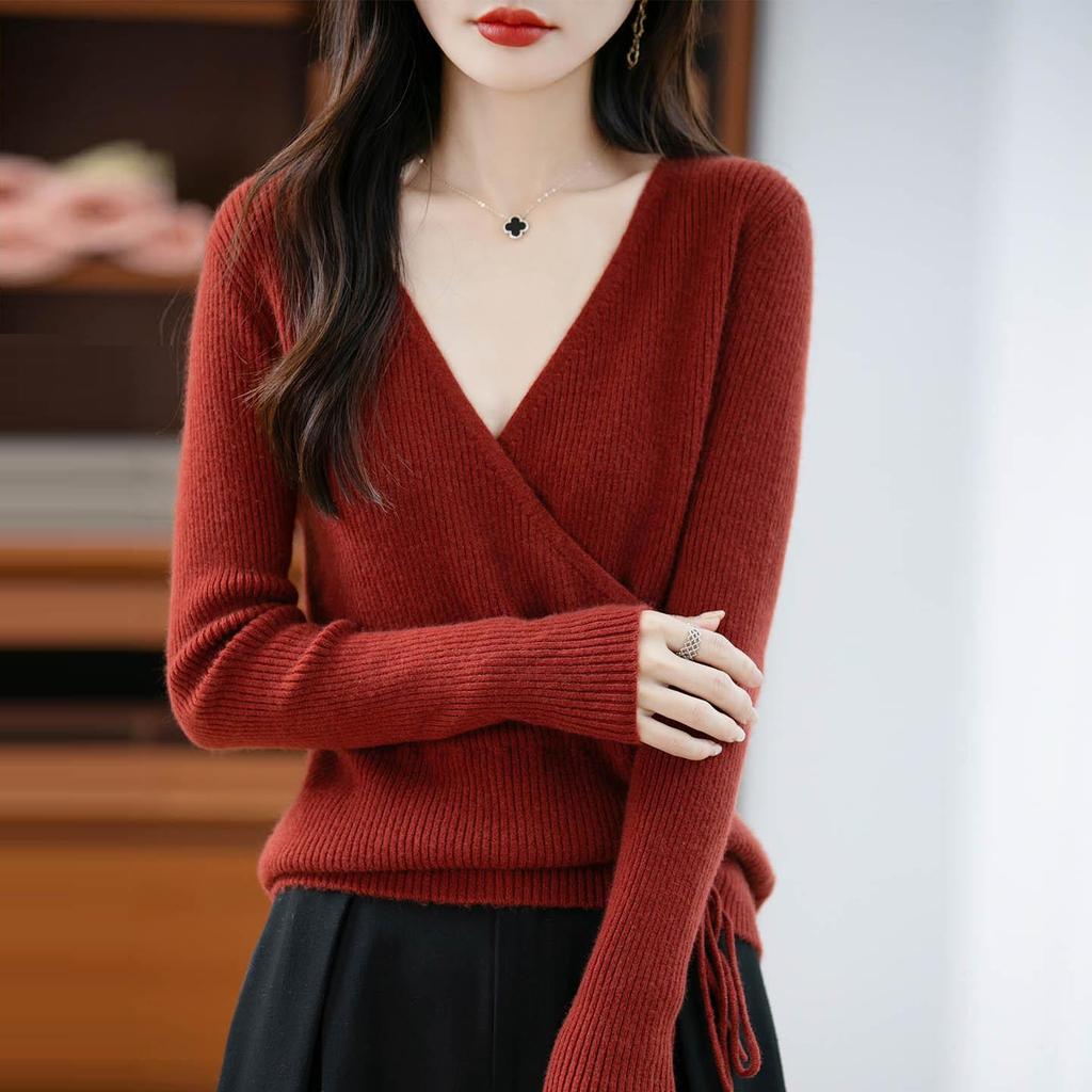 Women's Elegant V-Neck Wool Sweater: Autumn/Winter Fashion Long Sleeve Knitwear with Drawstring.