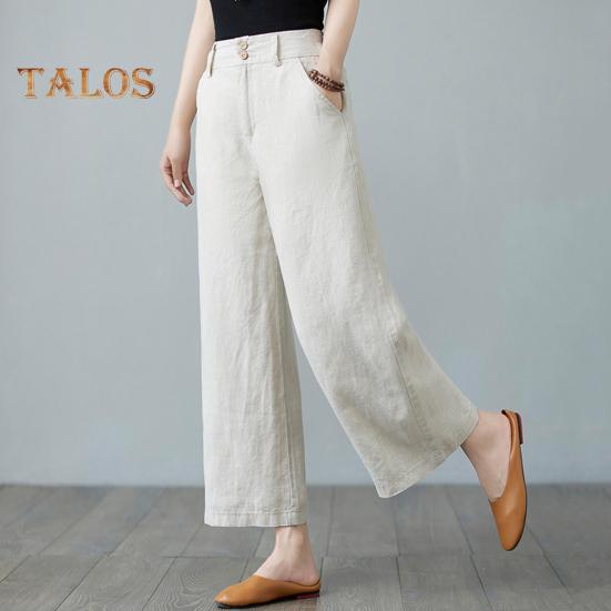 Women Casual Pants Elastic High Waist Buttons Zipper Fly Long Trousers with Pockets Solid Color Straight Wide Leg Slacks Daily Wear