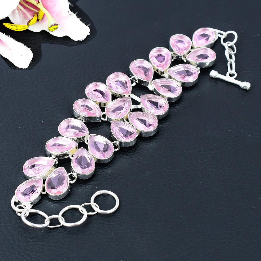 Pink Kunzite Gemstone Handmade 925 Sterling Silver Bracelet 7-8" KG-382