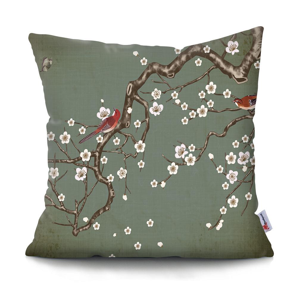 Square Chinese Landscape Painting Cushion Cover Vintage Plum Blossom Pillowcase
