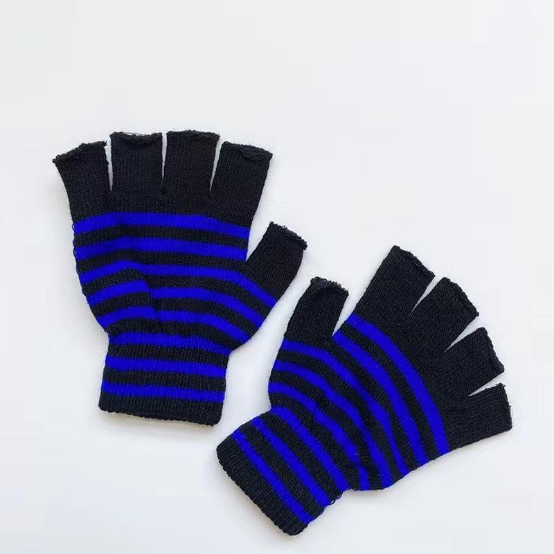 1Pair Unisex Black Stripes Half Finger Fingerless Gloves for Women Wool Knit Wrist Cotton Gloves Winter Warm Men Workout Gloves