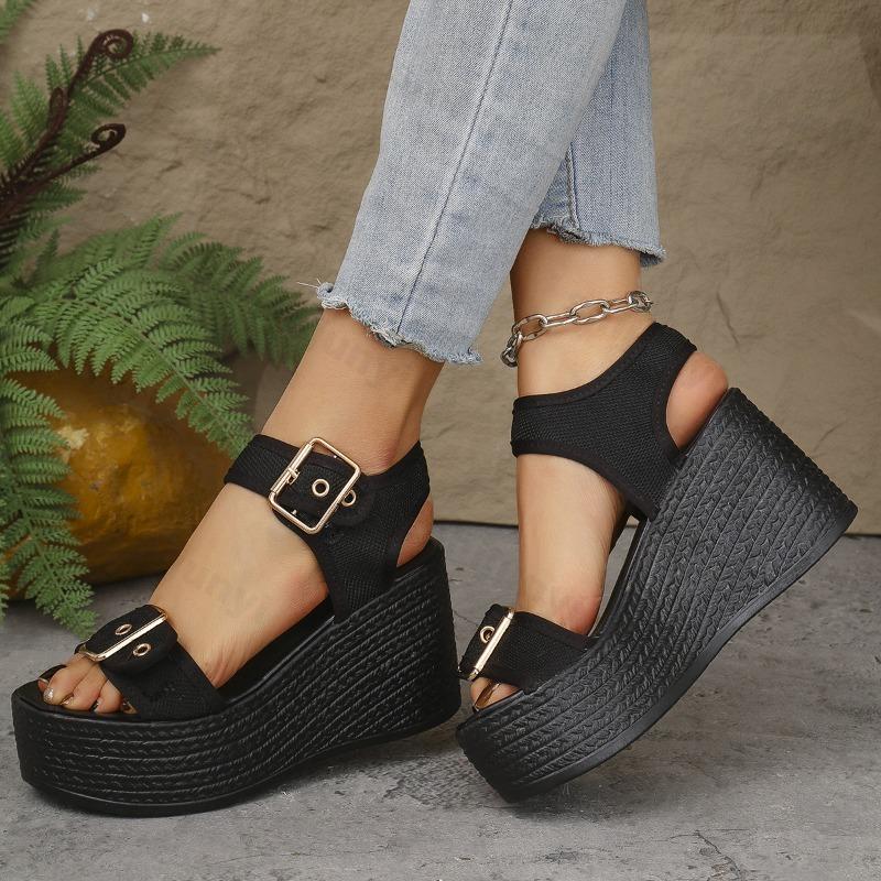 Fashion Retro Buckle Design Casual Thick Soled Sandals for Women 2025 Summer New Grass Woven Open Toes Comfortable Fashion Beach Sandals